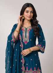 Diwali Teal Rangoli Crush Sharara Suit – Sequin & Pink Rose Embroidered Kurti with Dupatta 2