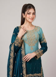 Diwali Shaded Chinon Sharara Suit – Gold Sequin & Pearl Embroidery with Tassels & Lace Dupatta 6