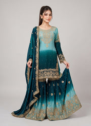 Diwali Shaded Chinon Sharara Suit – Gold Sequin & Pearl Embroidery with Tassels & Lace Dupatta 5