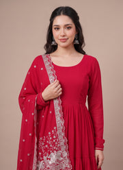 Diwali Tiered Flare Gown – Faux Georgette 3-Layer Gown with Peacock Embroidered Dupatta 12