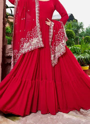 Diwali Tiered Flare Gown – Faux Georgette 3-Layer Gown with Peacock Embroidered Dupatta 10