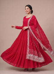 Diwali Tiered Flare Gown – Faux Georgette 3-Layer Gown with Peacock Embroidered Dupatta 11
