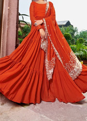 Diwali Tiered Flare Gown – Faux Georgette 3-Layer Gown with Peacock Embroidered Dupatta 2