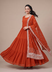 Diwali Tiered Flare Gown – Faux Georgette 3-Layer Gown with Peacock Embroidered Dupatta 3