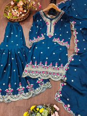 Diwali Teal Rangoli Crush Sharara Suit – Sequin & Pink Rose Embroidered Kurti with Dupatta 3