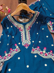 Diwali Teal Rangoli Crush Sharara Suit – Sequin & Pink Rose Embroidered Kurti with Dupatta 4