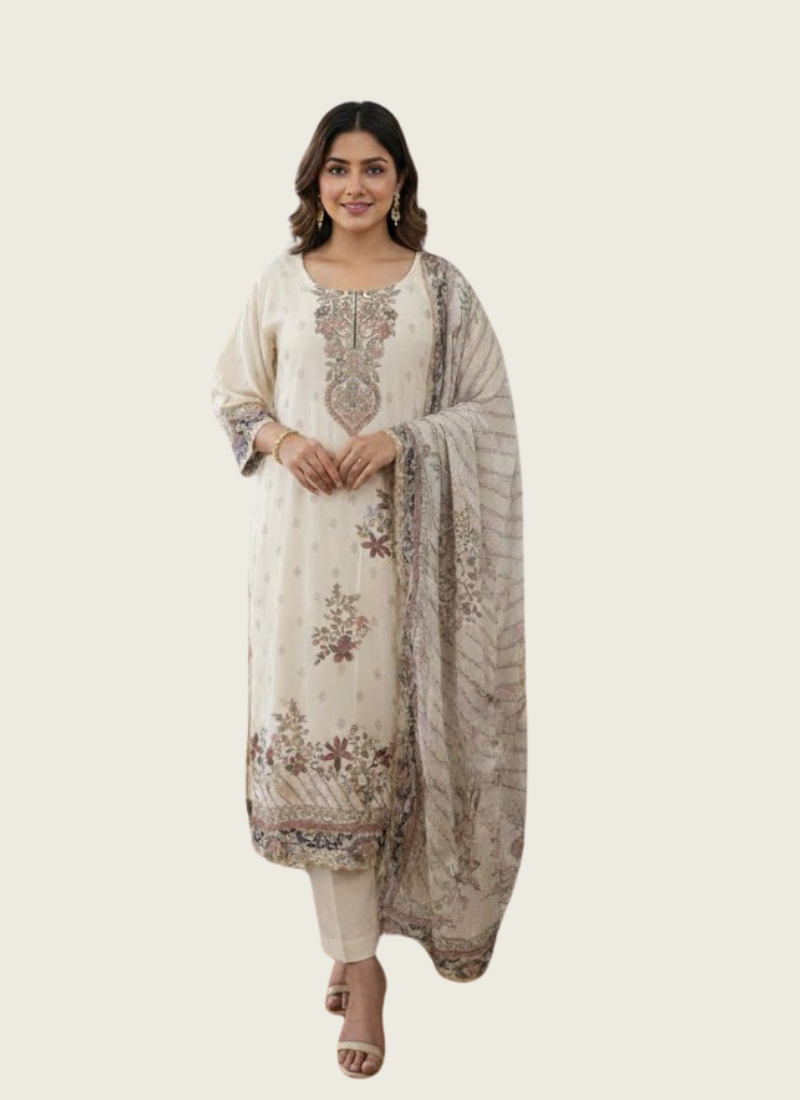 White Jamie Straight Salwar Suit with Floral Print & Chiffon Dupatta