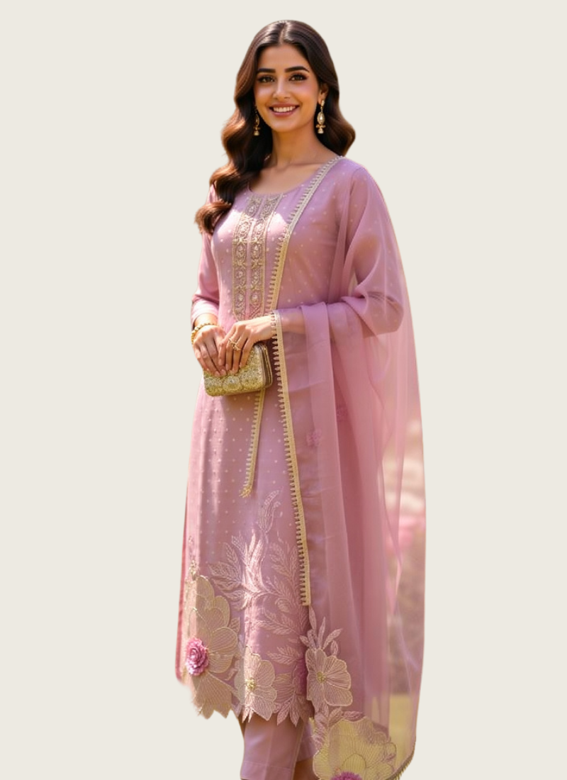 Light Purple Straight Salwar Suit with Lace & Maslin Dupatta
