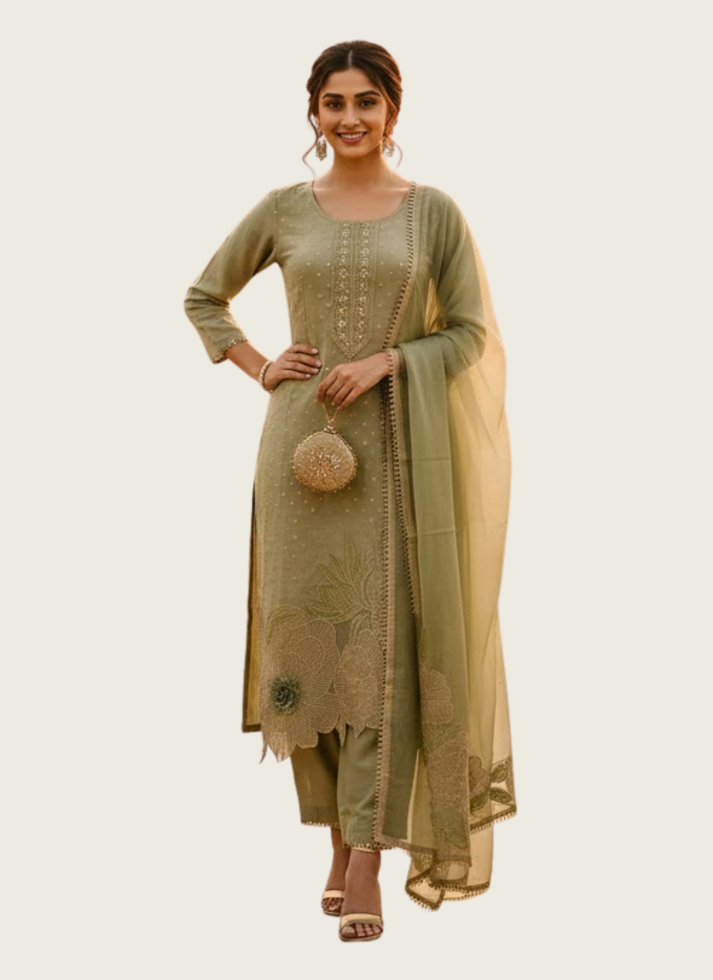 Light Green Straight Salwar Suit with Lace & Maslin Dupatta