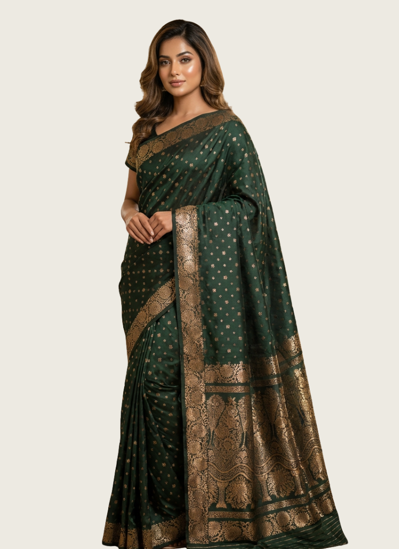 Bottle Green Katan Silk Saree with Blouse Piece