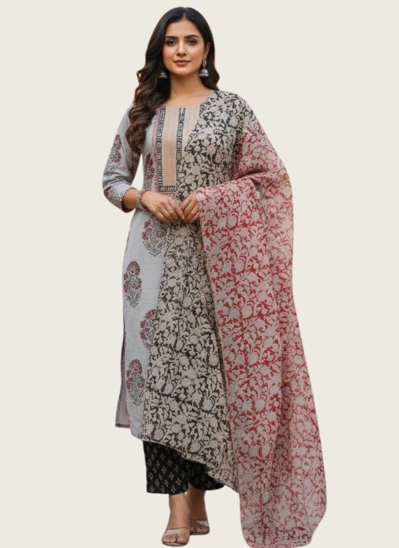Cotton Block Printed Salwar Suit – Ash & Red
