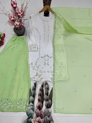 Diwali White Georgette Sequin Palazzo Suit – Pearl Hand Work Kurti with Coloured Palazzo & Dupatta 12