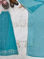 Diwali White Georgette Sequin Palazzo Suit – Pearl Hand Work Kurti with Coloured Palazzo & Dupatta 15