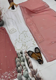 Diwali White Georgette Sequin Palazzo Suit – Pearl Hand Work Kurti with Coloured Palazzo & Dupatta 4