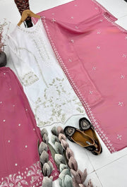 Diwali White Georgette Sequin Palazzo Suit – Pearl Hand Work Kurti with Coloured Palazzo & Dupatta 9