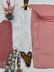 Diwali White Georgette Sequin Palazzo Suit – Pearl Hand Work Kurti with Coloured Palazzo & Dupatta 5