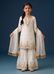 White Gharara Suit for Girls – Fendi Silk Kurti, Gharara & Lace Dupatta 1